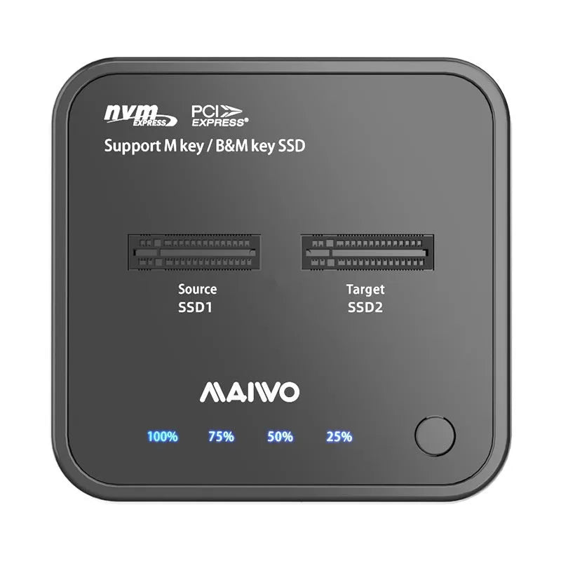 MAIWO K3016 M.2 solid state drive duplicator dock with data cables and power adapter on a desk