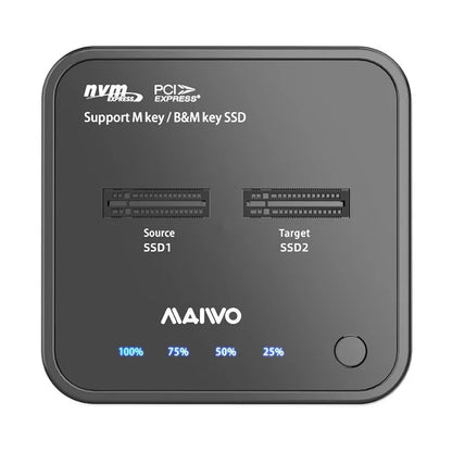 MAIWO K3016 M.2 SSD dock unit with inserted solid-state drive, connected via USB-C cable to a laptop.