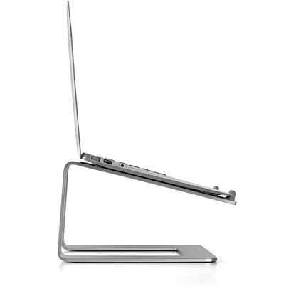 Black aluminium alloy laptop stand on a desk, showing its raised platform and open base design.