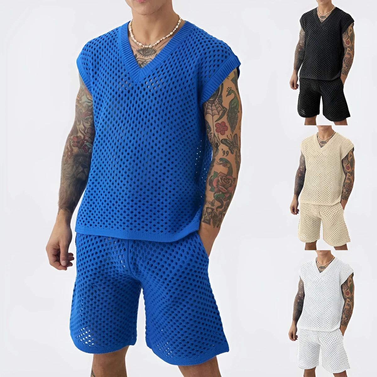 Men's blue V-neck sleeveless knitted vest and matching shorts sports suit on a hanger.