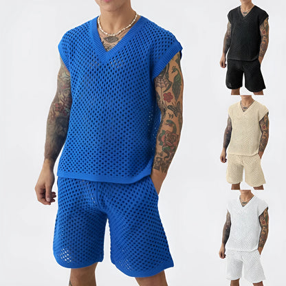 Men's blue V-neck sleeveless knitted vest and matching shorts sports suit on a hanger.
