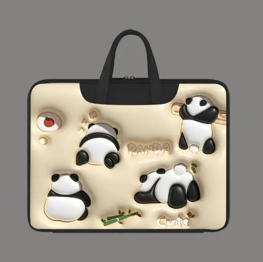 Inflatable laptop bag in PU leather with suitcase attachment strap and cute panda design print