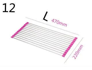 Folding stainless steel kitchen drain rack with coloured plastic tubes, shown open for use.