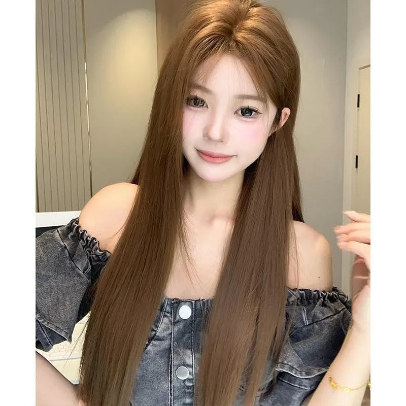 Warm brown long straight lace front wig with centre-parted bangs