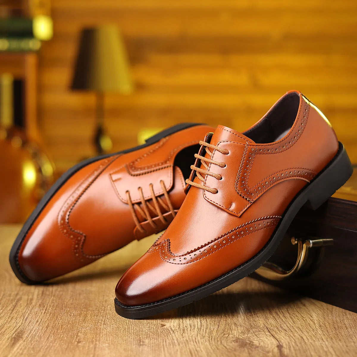 Men's soft-soled business shoes in black or light brown with artificial PU upper and rubber outsole, sizes 39-48