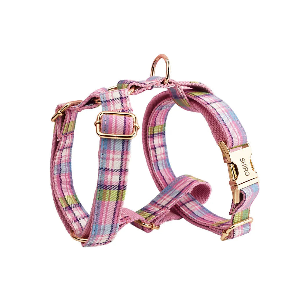Four-piece dog accessory set showing cloth collar, leash, vest, and bow in coordinated colours
