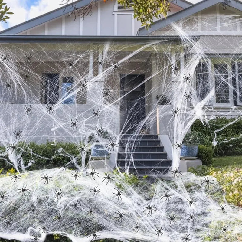 White cotton Halloween spider web decorations with multiple spiders in graduated weight options from 20g to 2000g