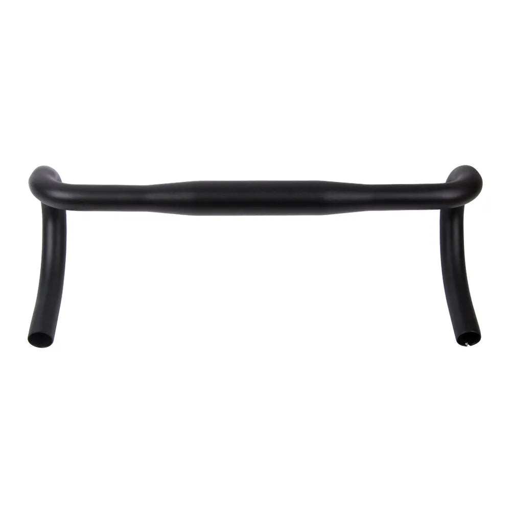 Black aluminium alloy road bike drop handlebar with printed UNO logo showing bend profile