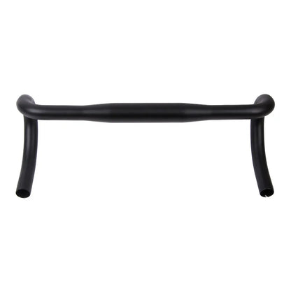 Black aluminium alloy road bike drop handlebar with printed UNO logo showing bend profile