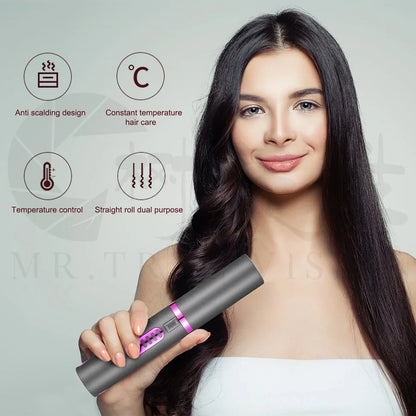 Green USB travel hair iron with ceramic tourmaline plates showing temperature display and dual straightening/curling function