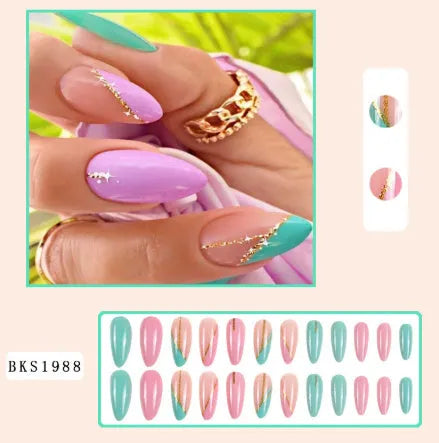 Wear Armour medium almond frosted nail stickers showing four designer patterns including French leaves and leopard print