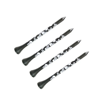 Ten black bamboo dowel pins with skull print for golf tees, showing 70mm and 83mm length options.
