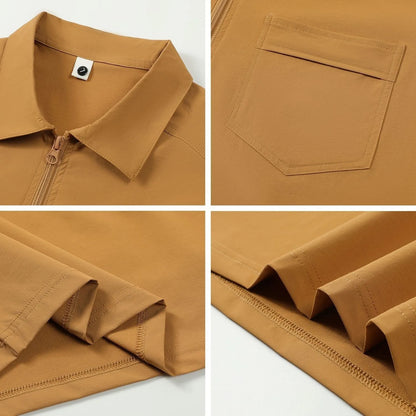 Short sleeve nylon advertising shirt with zipper pockets on lapels in silver fox grey colour
