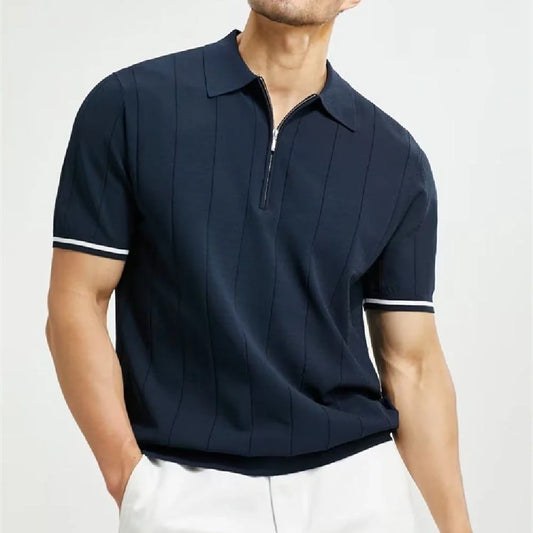Men's stylish summer polo shirt with lapel zipper in white and dark blue