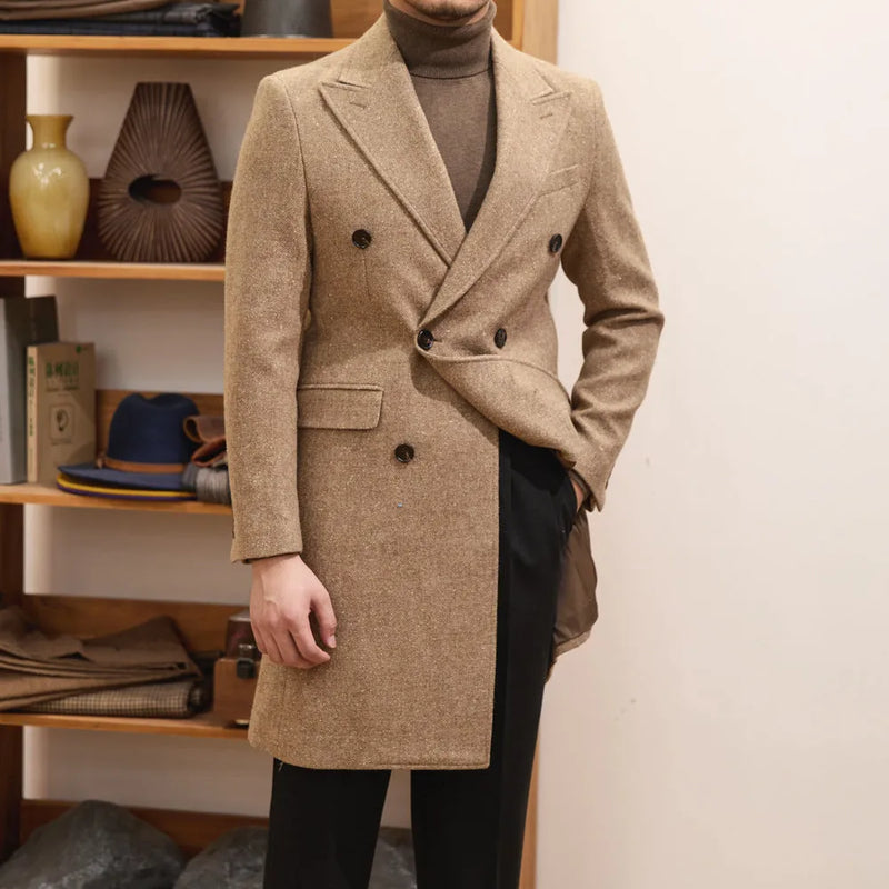 Men's slim double breasted wool blend jacket in brown with polyester lining, straight hem design, side seam pockets, and chemical fibre blend construction available in medium through triple extra large sizes for smart casual or professional wear