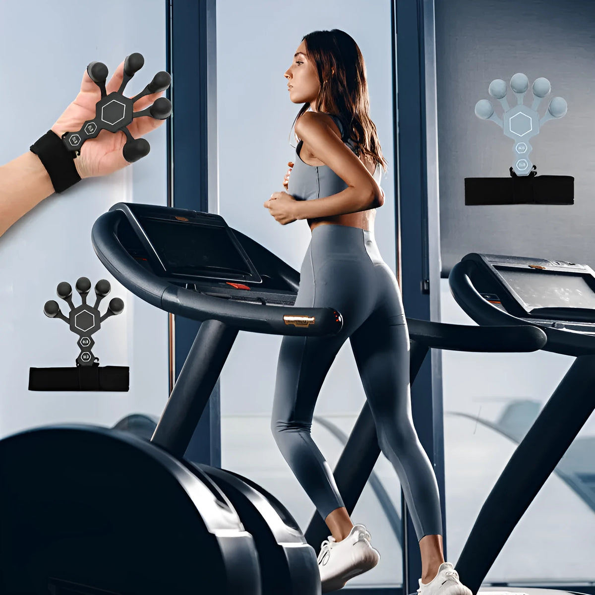 Black and grey silicone 5-finger rehabilitation hand trainer for adult fitness and strength training