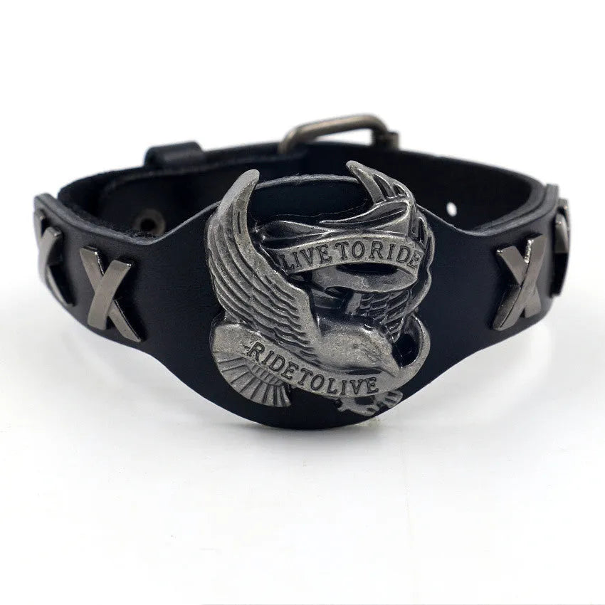 Black geometric leather bracelet with a detailed alloy eagle watch buckle closure.