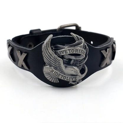 Black geometric leather bracelet with a detailed alloy eagle watch buckle closure.