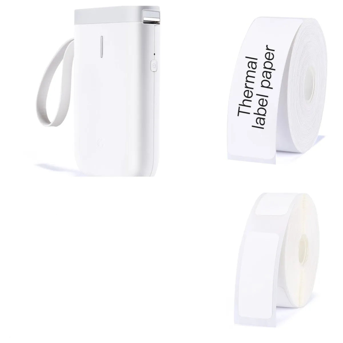 D11 black Bluetooth thermal label printer on a desk next to a smartphone showing the label design app