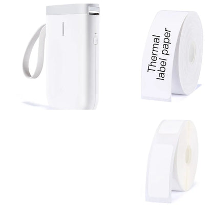 D11 black Bluetooth thermal label printer on a desk next to a smartphone showing the label design app