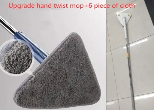 Blue extendable triangle cleaning mop with rotating head on a stainless steel pole.