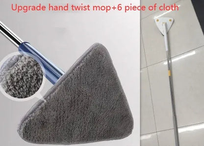 Blue extendable triangle cleaning mop with rotating head on a stainless steel pole.