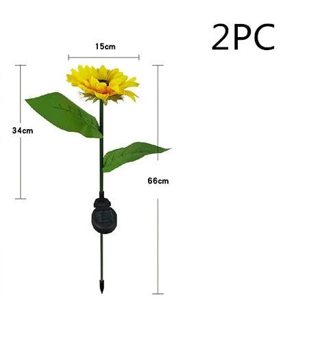 Elegant solar-powered sunflower lamps illuminating a serene outdoor garden pathway