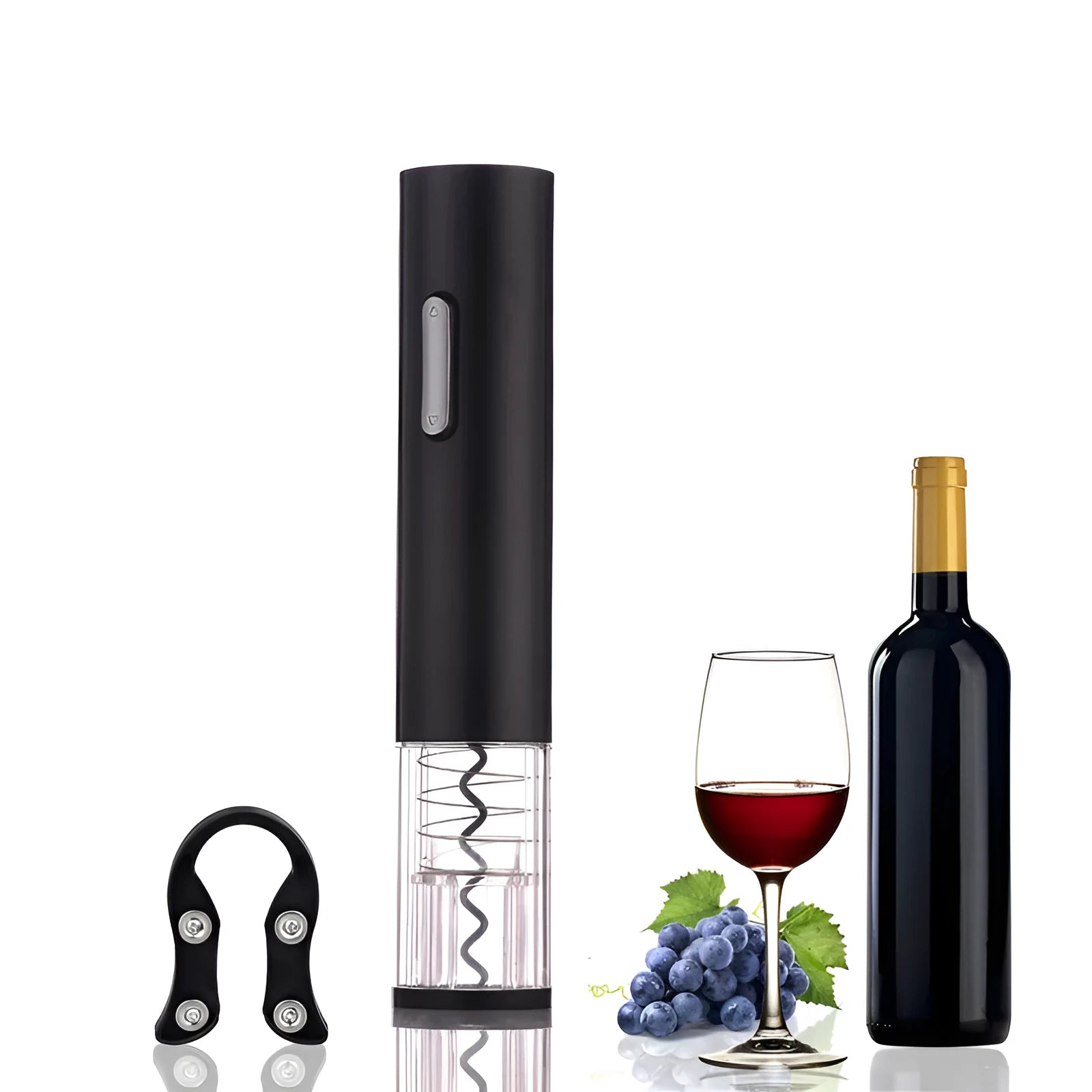 Black automatic electric wine opener with foil cutter showing battery compartment and cork removal mechanism