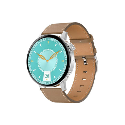 Simple metal smartwatch with black silicone strap and 1.45-inch screen displaying heart rate.