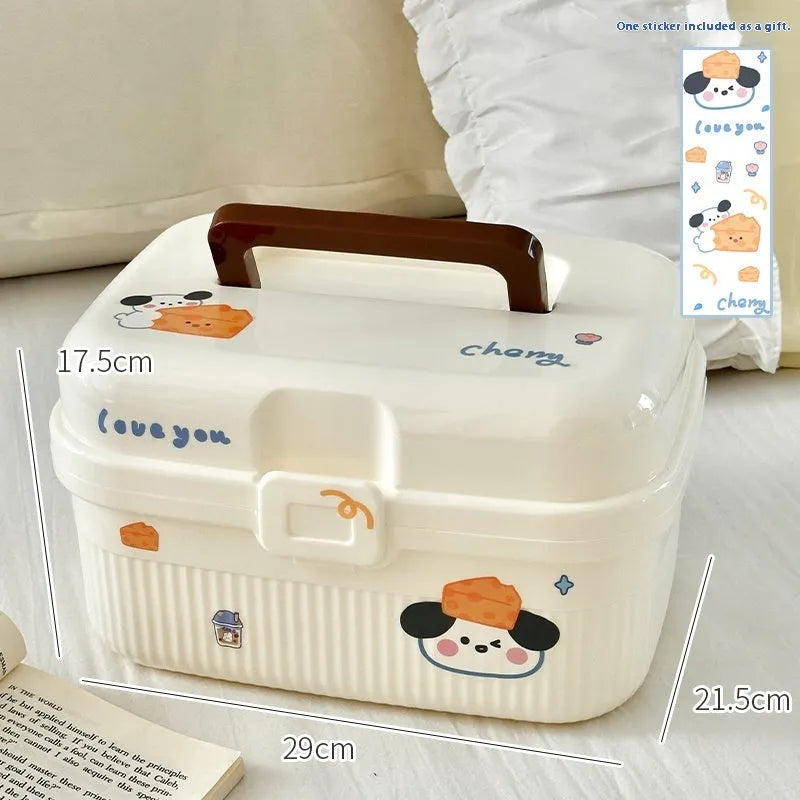 A white double-layer plastic storage box with large capacity, shown with a selection of large, medium, and small stickers.