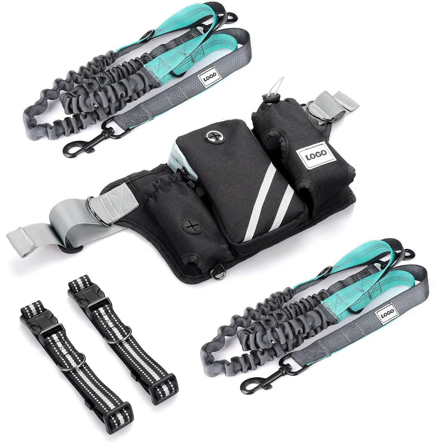 Black nylon dog walking set with adjustable waist bag, leash, and collar for outdoor pet training