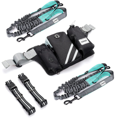 Black nylon dog walking set with adjustable waist bag, leash, and collar for outdoor pet training