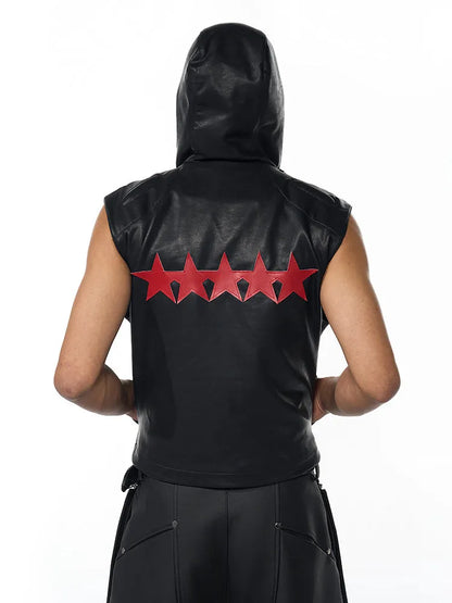 Black men's slim fit hooded leather waistcoat with a five-pointed star on the front.