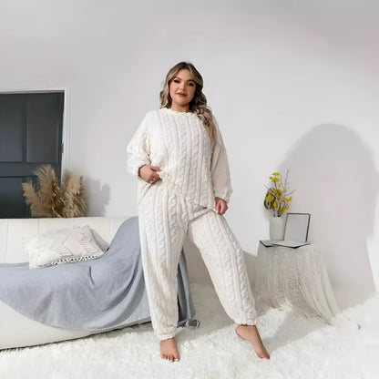 Women's creamy white polyester two-piece casual set with long sleeve crew neck top and matching trousers