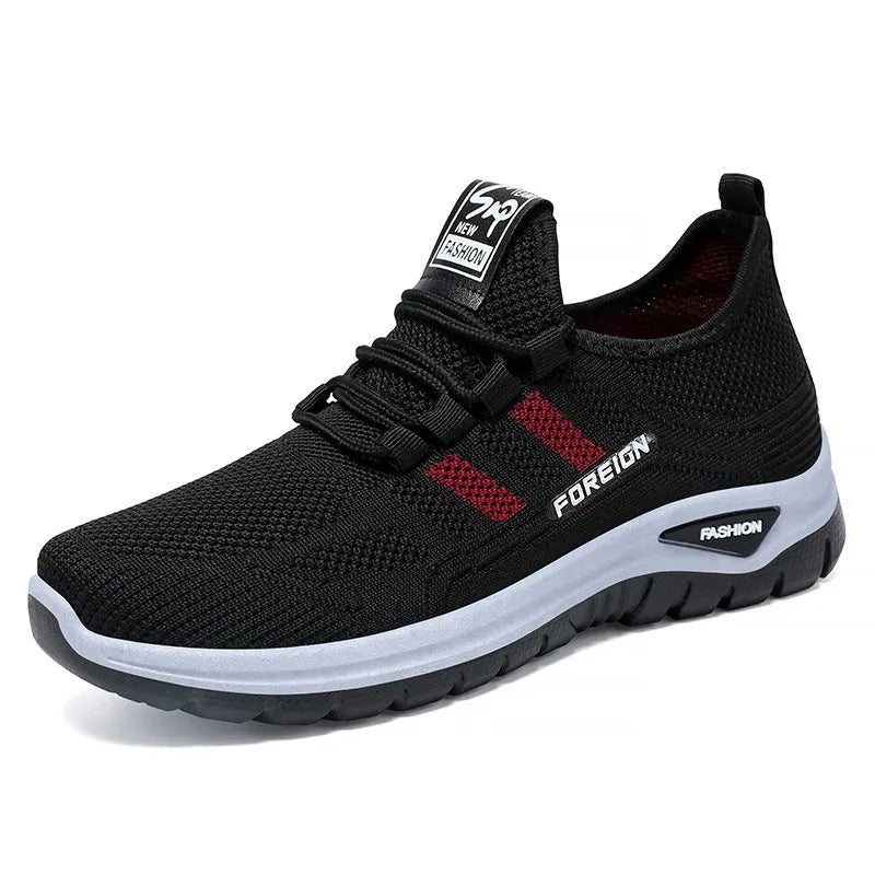 Casual breathable mesh shoes with flat PVC sole in purple, grey, red, and black colour options