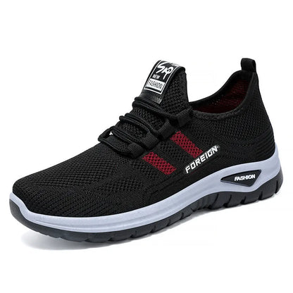 Casual breathable mesh shoes with flat PVC sole in purple, grey, red, and black colour options