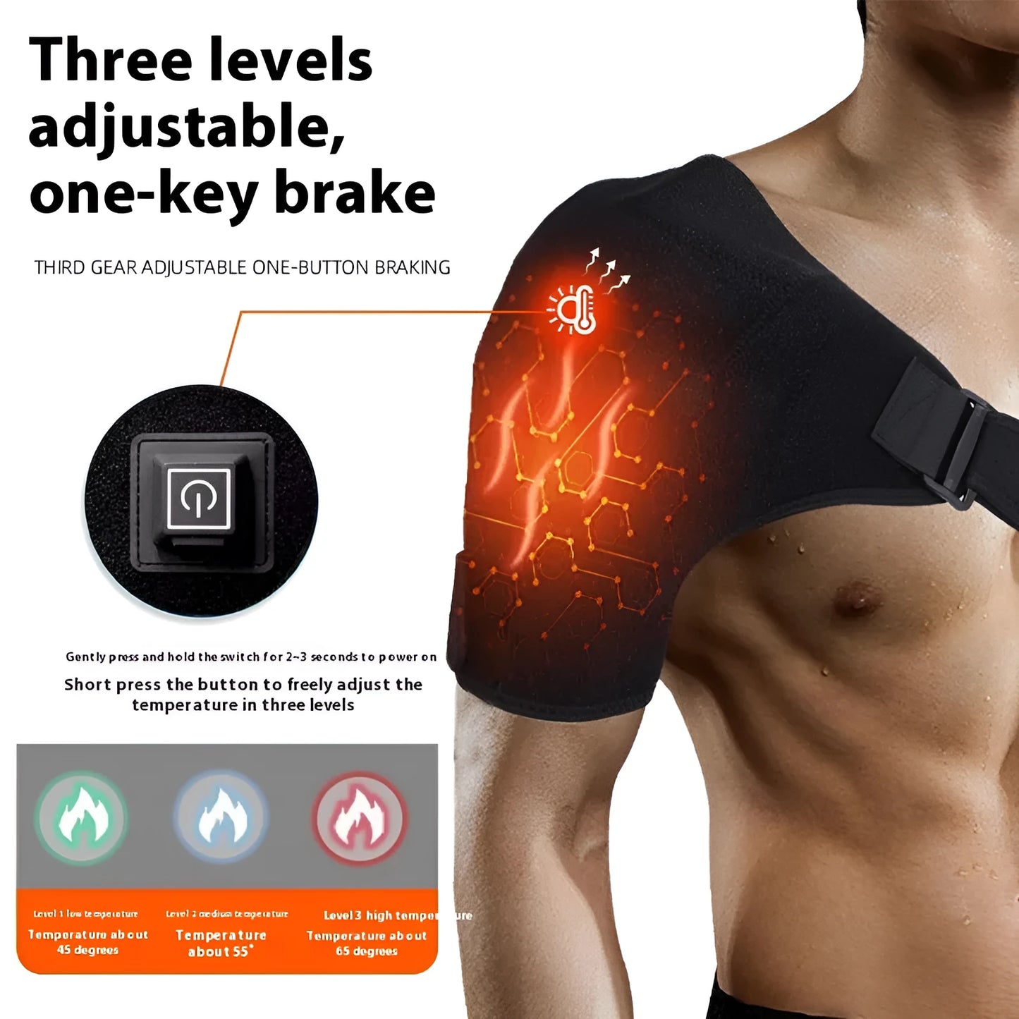 A grey free-size USB electric heating shoulder pad showing the plug and padded construction.