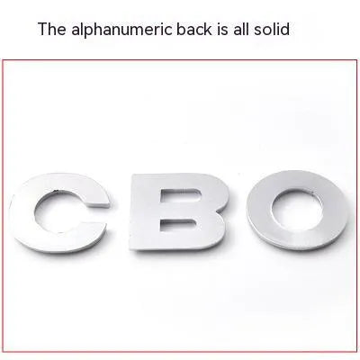 Metal zinc alloy car bumper sticker letters showing 3D design in black and silver finishes