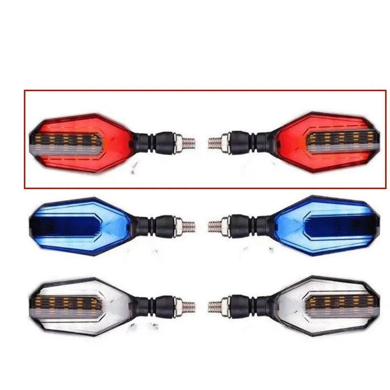 Pair of motorcycle LED indicator signal lights showing the two-colour light guide and 30 LED design.