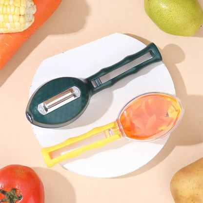 Yellow paring knife with a clear snap-on storage lid covering its stainless steel blade on a kitchen worktop.