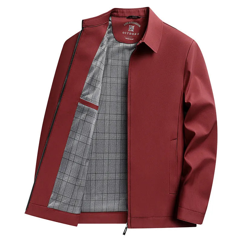 Men's solid colour casual jacket with polo collar and side seam pockets in navy blue