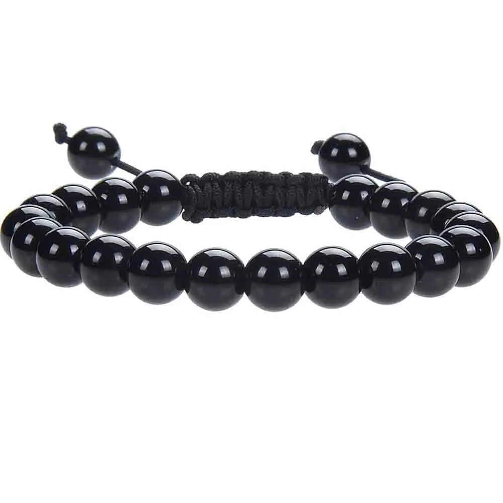 Women's flat knot braided healing bracelet hand-woven with natural gemstone beads in geometric pattern