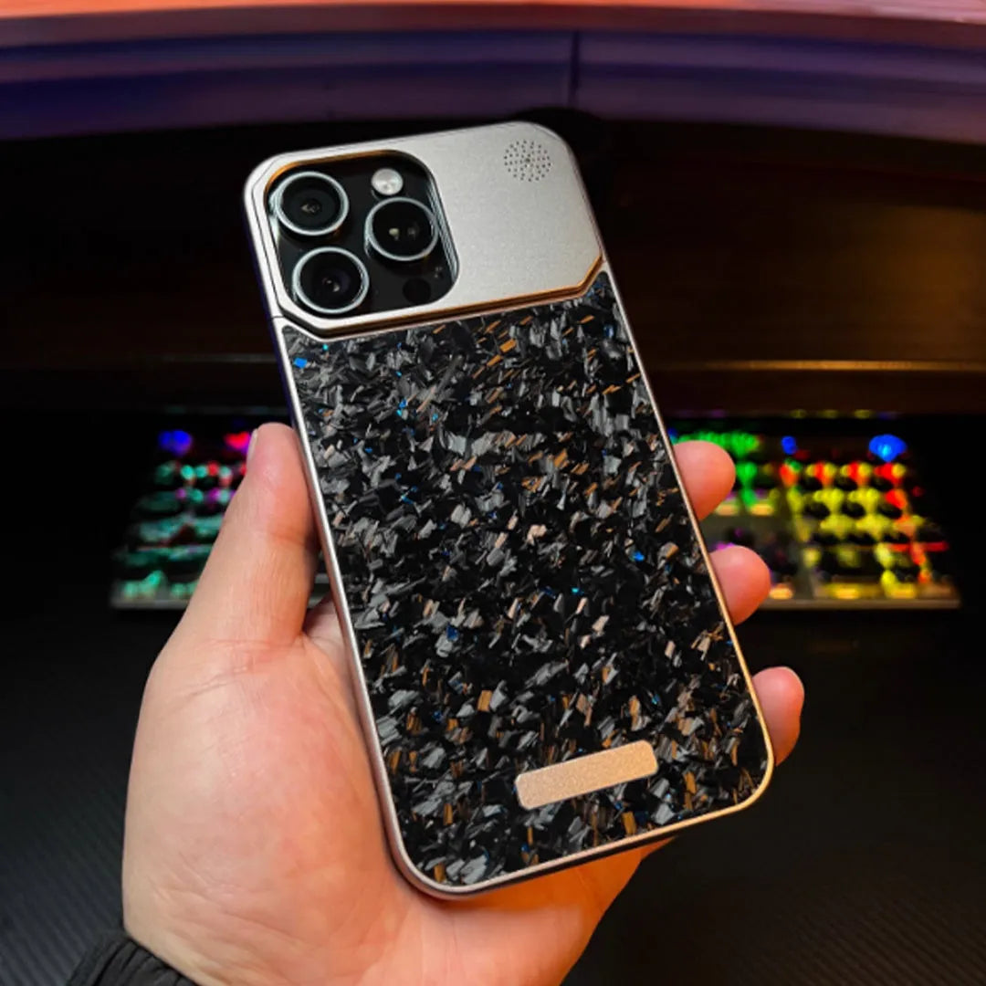Frameless metal aromatherapy phone case with forged fiber pattern and magnetic charging for iPhone 15 Pro to 16 Pro Max