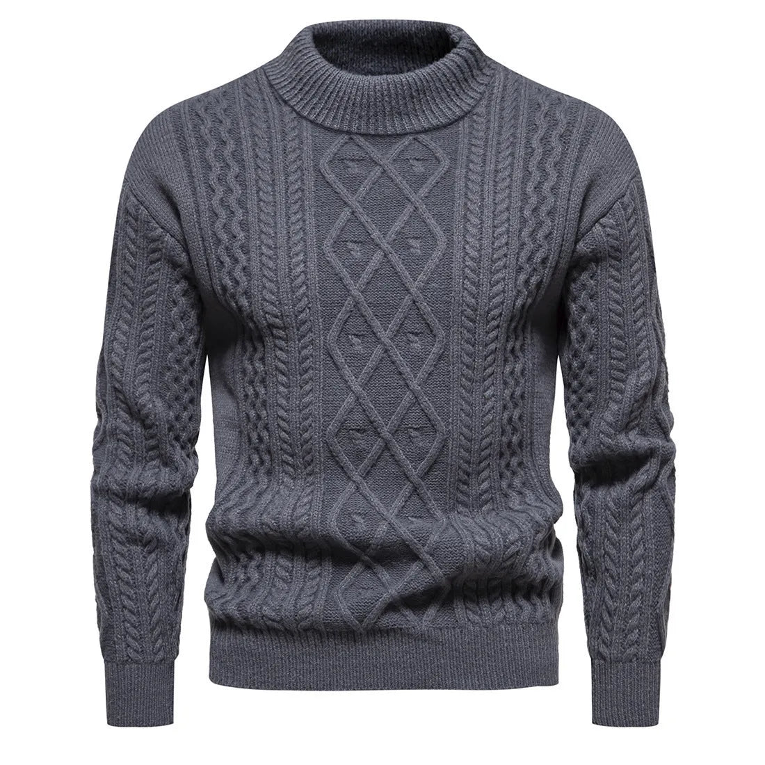 Men's round neck thickened pullover sweater in solid dark grey, green, blue, black, beige or light brown, sizes M to 3XL