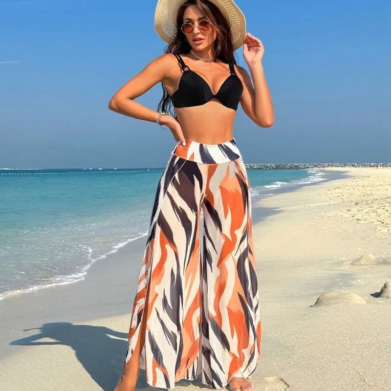 Women's three-piece polyester bikini set in quick-drying fabric with high elasticity