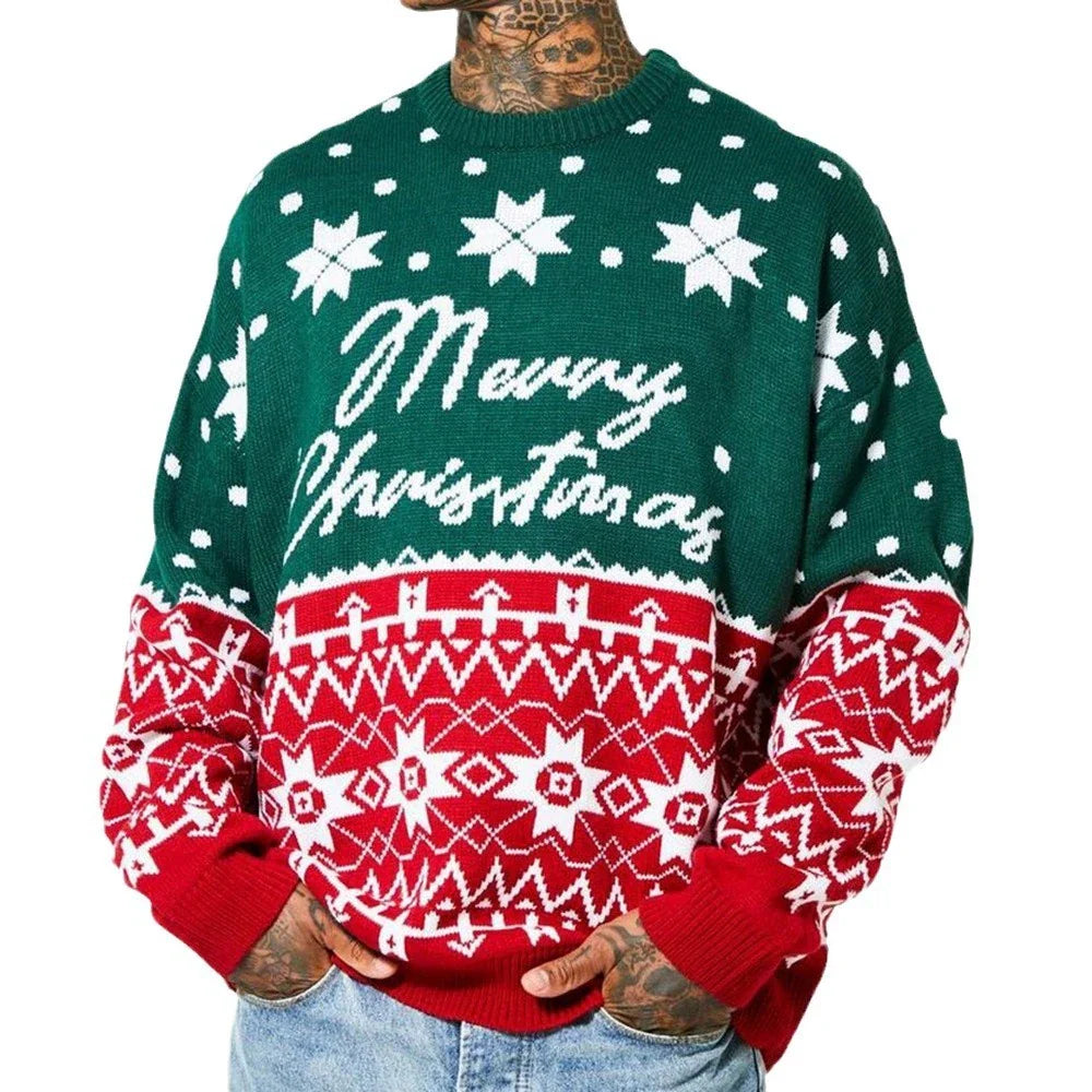 Cozy knit pullover sweater in green and white colors, featuring a relaxed, loose-fitting silhouette and premium jacquard texture.