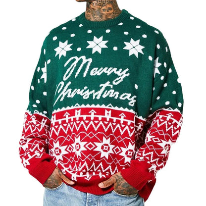 Cozy knit pullover sweater in green and white colors, featuring a relaxed, loose-fitting silhouette and premium jacquard texture.