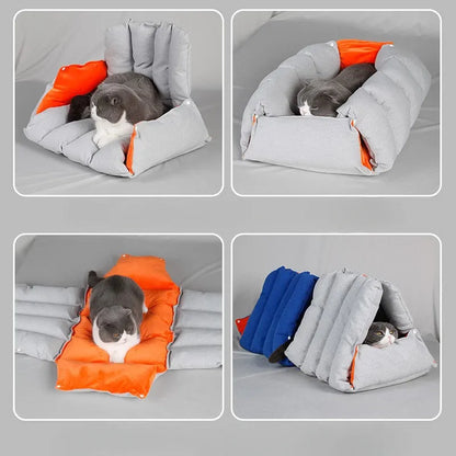 Blue triangular cat bed with drilled connectors and removable cotton cover