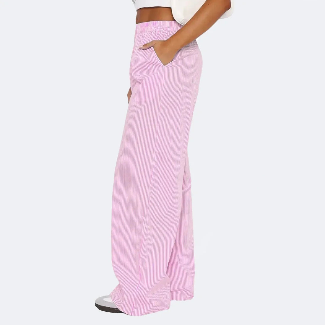 Stylish women's striped high waist wide leg trousers with pockets in various colors