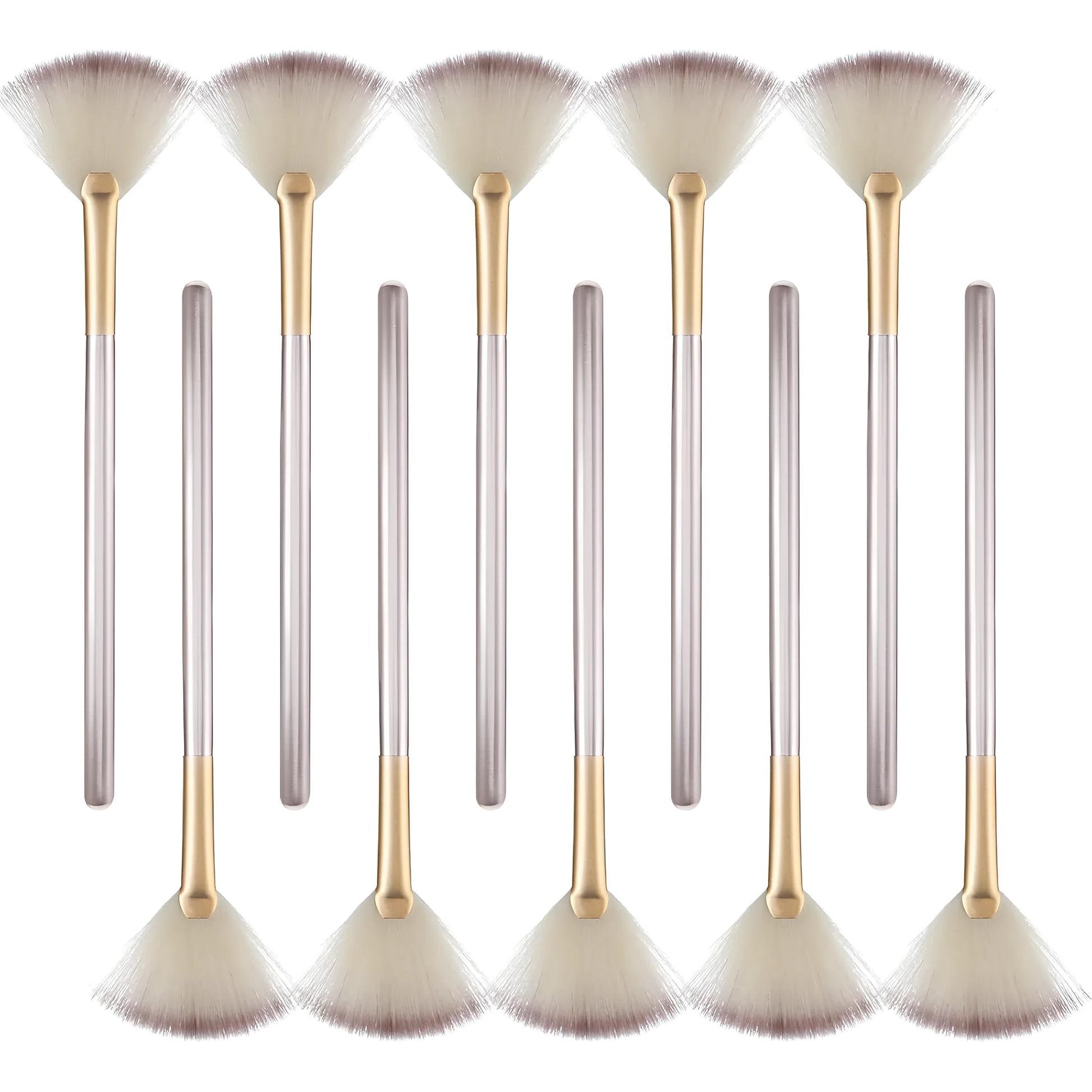10 professional facial fan brushes with champagne finish and acrylic handles for makeup and facial treatments